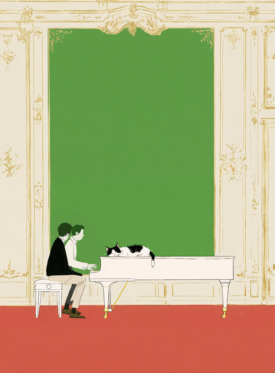 A teacher and student playing a white grand piano, with a black and white cat asleep on top, in front of a green panel in an ornate cream and gold room